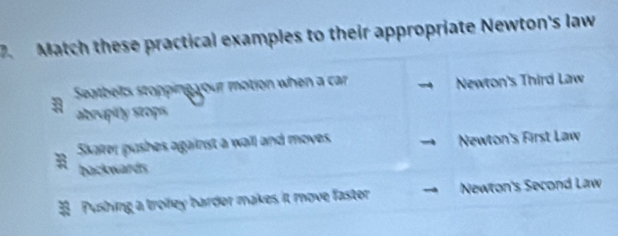 Match these practical examples to their appropriate Newton's law
Seatbelts stopping our motion when a car Newton's Third Law
abrupitly stops
B Skaier pushes against a wall and moves Newton's First Law
backwards
# Pushing a trofey barder makes it move faster Newton's Second Law