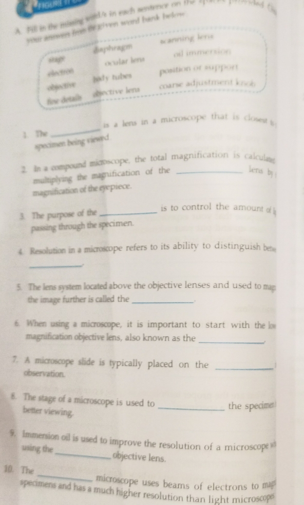 roues 
A. Fill in the massing wild/t in each sentence on the spon
your answers frm thig ven word bark below
diaphragm scanning lers
shi? ail immersion
electron ocular leru
position or suppon
objective body tubes
fiw detaín abjective lera coarse adjustment knob
_
is a lens in a microscope that is closest is
1. The
specimen being viewed .
2. In a compound micoscope, the total magnification is calculat
multiplying the magnification of the
lens by
magnification of the eyepiece.
3. The purpose of the_
is to control the amount o 
passing through the specimen.
4. Resolution in a microscope refers to its ability to distinguish bet
_
5. The lens system located above the objective lenses and used to mag
the image further is called the_
..
6. When using a microscope, it is important to start with the lo
magnification objective lens, also known as the_
7. A microscope slide is typically placed on the_
observation.
8. The stage of a microscope is used to
_the specime 
better viewing.
9 Immersion oil is used to improve the resolution of a microscope 
using the_ objective lens.
_
10. The
microscope uses beams of electrons to ma
specimens and has a much higher resolution than light microscopes