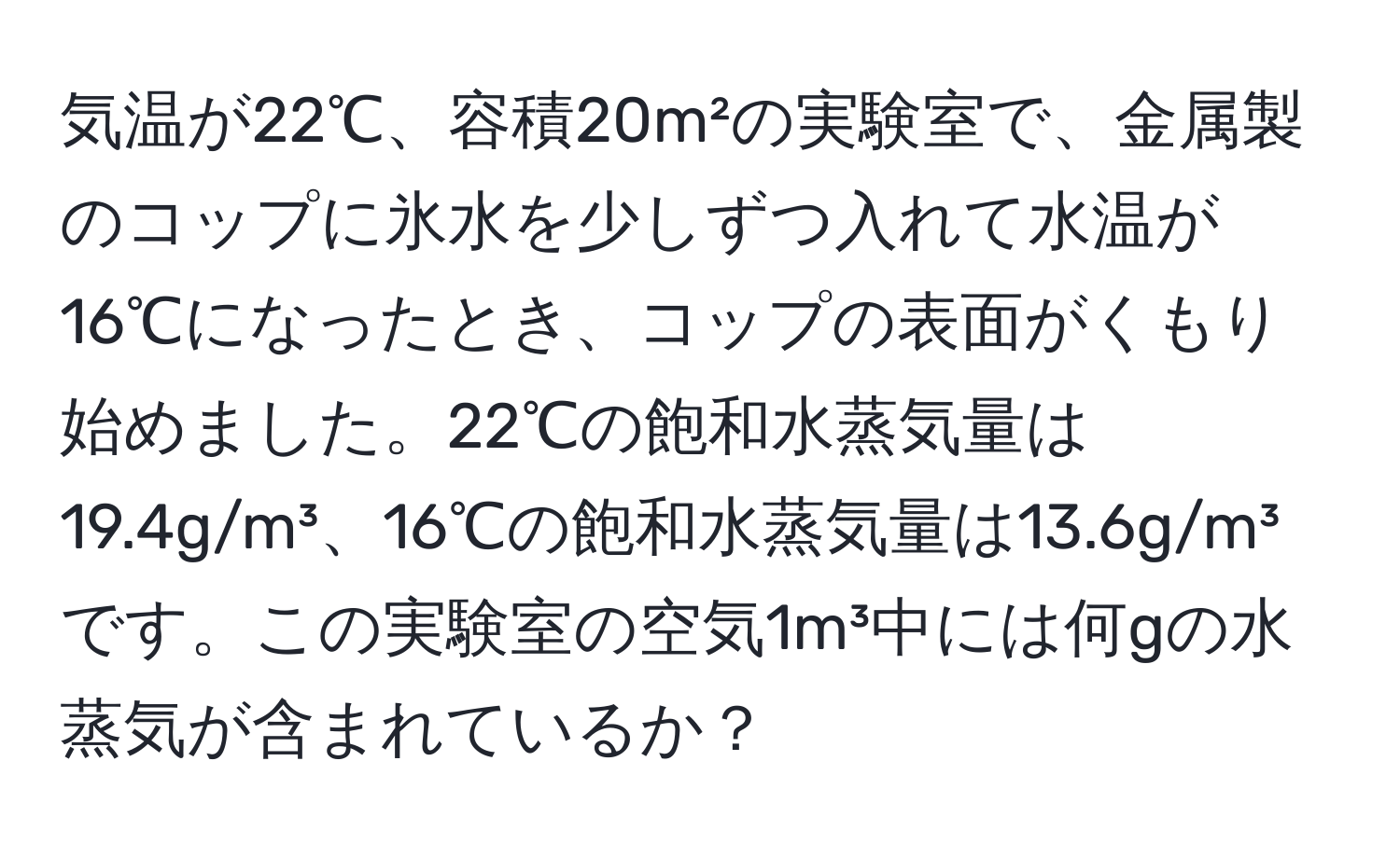 気温が22℃、容積20m²の実験室で、金属製のコップに氷水を少しずつ入れて水温が16℃になったとき、コップの表面がくもり始めました。22℃の飽和水蒸気量は19.4g/m³、16℃の飽和水蒸気量は13.6g/m³です。この実験室の空気1m³中には何gの水蒸気が含まれているか？