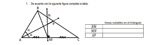 De acuerdo con la siguiente figura completa la tabla.
líneas notables en el triángulo