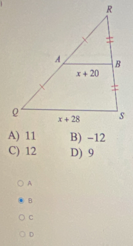 B) -12
C) 12 D) 9
A
B
C
D