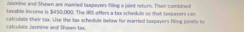 Jasmine and Shawn are married taxpayers filing a joint return. Their combined 
taxable income is $450,000. The IRS offers a tax schedule so that taxpayers can 
calculate their tax. Use the tax schedule below for married taxpayers filing jointly to 
calculate Jasmine and Shawn tax.