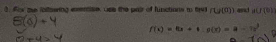 For me fallowing eemaise, use the pair of functions to fird f(g(0)) and j(f(0))
f(x)=6x+tg(x)=a=1