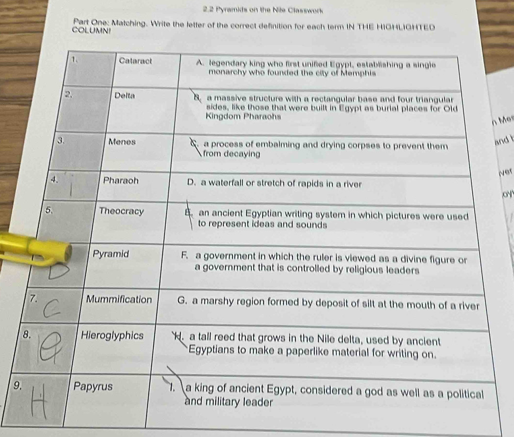 2.2 Pyramids on the Nile Classwork 
Part One: Matching. Write the letter of the correct definition for each term IN THE HIGHLIGHTED 
COLUMNI 
n Mes 
and b 
iver 
o 
9