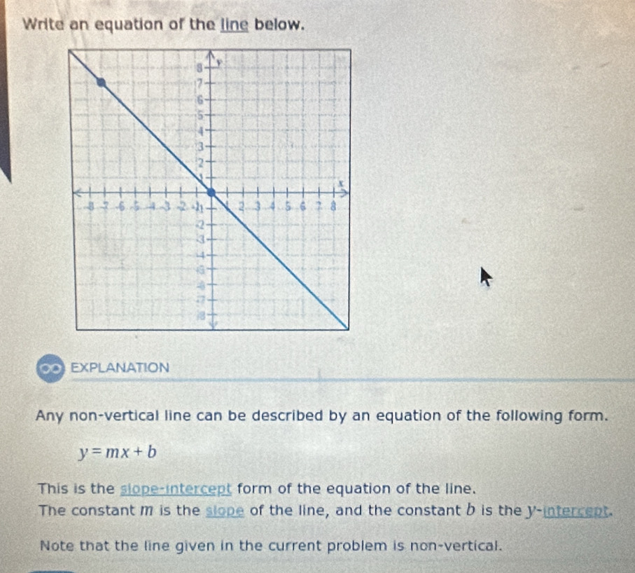 Write an equation of the ling below. 
∞ EXPLANATION 
Any non-vertical line can be described by an equation of the following form.
y=mx+b
This is the slope-intercept form of the equation of the line. 
The constant m is the slope of the line, and the constant b is the y-intercept. 
Note that the line given in the current problem is non-vertical.