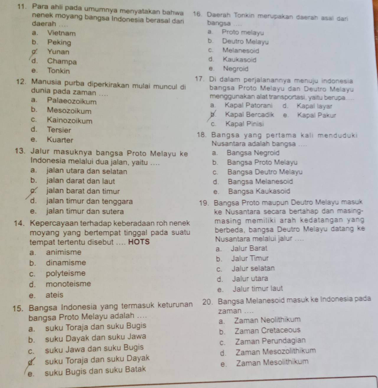 Para ahli pada umumnya menyatakan bahwa 16. Daerah Tonkin merupakan daerah asal dari
nenek moyang bangsa Indonesia berasal dari bangsa
daerah ... a. Proto melayu
a. Vietnam b. Deutro Melayu
b. Peking
g. Yunan
c. Melanesoid
d. Champa
d. Kaukasoid
e. Tonkin
e. Negroid
17. Di dalam perjalanannya menuju indonesia
12. Manusia purba diperkirakan mulai muncul di bangsa Proto Melayu dan Deutro Melayu
dunia pada zaman .... menggunakan alat transportasi, yaitu berupa
a. Palaeozoikum a. Kapal Patorani d. Kapal layar
b. Mesozoikum b. Kapal Bercadik e. Kapal Pakur
c. Kainozoikum
c. Kapal Pinisi
d. Tersier
18. Bangsa yang pertama kali menduduki
e. Kuarter Nusantara adalah bangsa ....
13. Jalur masuknya bangsa Proto Melayu ke a. Bangsa Negroid
Indonesia melalui dua jalan, yaitu .... b. Bangsa Proto Melayu
a. jalan utara dan selatan c. Bangsa Deutro Melayu
b. jalan darat dan laut d. Bangsa Melanesoid
o jalan barat dan timur e. Bangsa Kaukasoid
d. jalan timur dan tenggara 19. Bangsa Proto maupun Deutro Melayu masuk
e. jalan timur dan sutera ke Nusantara secara bertahap dan masing-
14. Kepercayaan terhadap keberadaan roh nenek masing memiliki arah kedatangan yang 
moyang yang bertempat tinggal pada suatu berbeda, bangsa Deutro Melayu datang ke
tempat tertentu disebut .... HOTS Nusantara melalui jalur ....
a. animisme a. Jalur Barat
b. dinamisme b. Jalur Timur
c. polyteisme c. Jalur selatan
d. Jalur utara
d. monoteisme
e. Jalur timur laut
e. ateis
15. Bangsa Indonesia yang termasuk keturunan 20. Bangsa Melanesoid masuk ke Indonesia pada
zaman ....
bangsa Proto Melayu adalah ....
a. Zaman Neolithikum
a. suku Toraja dan suku Bugis
b. Zaman Cretaceous
b. suku Dayak dan suku Jawa
c. Zaman Perundagian
c. suku Jawa dan suku Bugis
d. Zaman Mesozolithikum
. suku Toraja dan suku Dayak
e. Zaman Mesolithikum
e. suku Bugis dan suku Batak