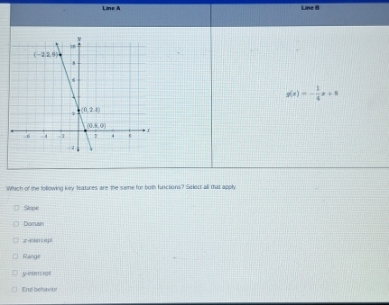 Line A Line B
g(x)=- 1/4 x+8
Which of the following key features are the same for both functions? Select all that apply.
Slope
Domain
z-inercept
Range
y-intercept
End behavior