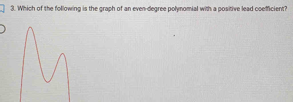 Which of the following is the graph of an even-degree polynomial with a positive lead coefficient?