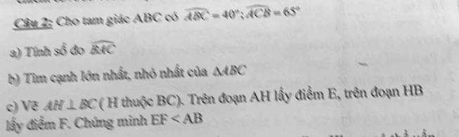 Cho tam giác ABC có widehat ABC=40°; widehat ACB=65°
a) Tính swidehat overline overline O đo widehat RAC
b) Tim cạnh lớn nhất, nhỏ nhất của △ ABC
c) Vẽ AH⊥ BC ( H thuộc BC). Trên đoạn AH lấy điểm E, trên đoạn HB
lấy điểm F. Chứng minh EF