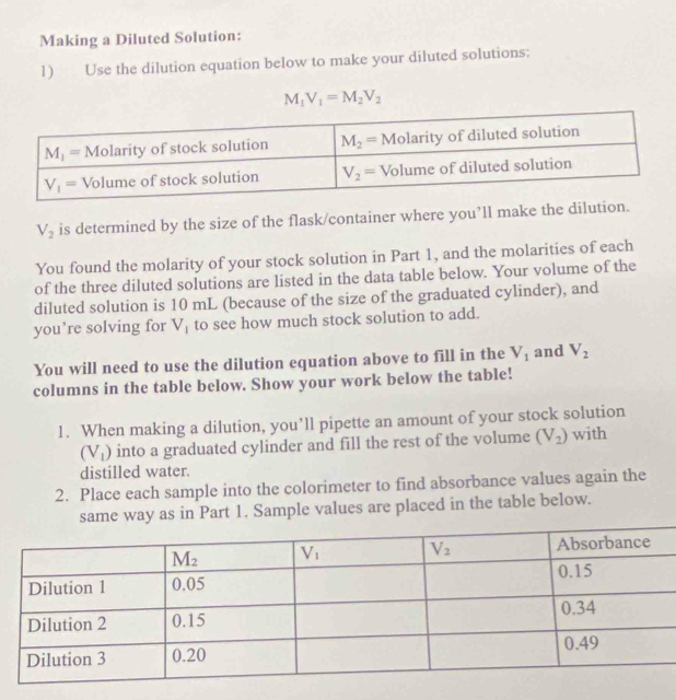 Making a Diluted Solution:
1) Use the dilution equation below to make your diluted solutions:
M_1V_1=M_2V_2
V_2 is determined by the size of the flask/container where you’ll make the dilution.
You found the molarity of your stock solution in Part 1, and the molarities of each
of the three diluted solutions are listed in the data table below. Your volume of the
diluted solution is 10 mL (because of the size of the graduated cylinder), and
you’re solving for V_1 to see how much stock solution to add.
You will need to use the dilution equation above to fill in the V_1 and V_2
columns in the table below. Show your work below the table!
1. When making a dilution, you’ll pipette an amount of your stock solution
(V_1) into a graduated cylinder and fill the rest of the volume (V_2) with
distilled water.
2. Place each sample into the colorimeter to find absorbance values again the
same way as in Part 1. Sample values are placed in the table below.