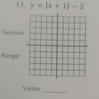 y=|x+1|-2
Domain 
Range: 
_ 
Vertex: