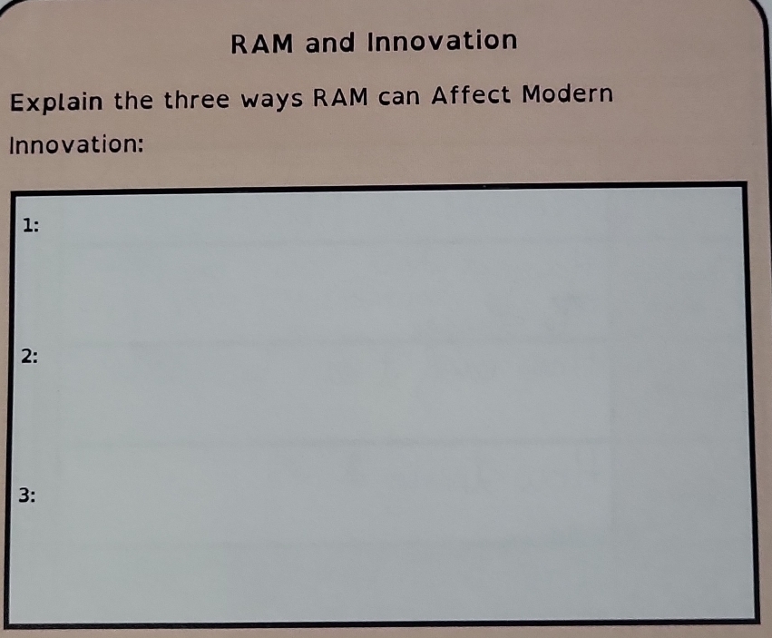 RAM and Innovation 
Explain the three ways RAM can Affect Modern 
Innovation: 
1: 
2: 
3: