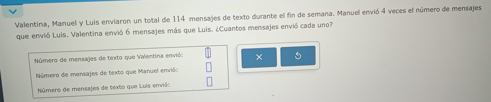 Valentina, Manuel y Luis enviaron un total de 114 mensajes de texto durante el fin de semana. Manuel envió 4 veces el número de mensajes 
que envió Luis. Valentina envió 6 mensajes más que Luis. ¿Cuantos mensajes envió cada uno? 
Número de mensajes de texto que Valentina envió: 
× 
Número de mensajes de texto que Manuel envió: 
Número de mensajes de texto que Luis envió: