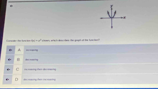Cansider the function f(x)=x^2 shown, which describes the graph of the function?
A inc reasing
B decreasing
C increasing then decreasing
decreasing then increasing