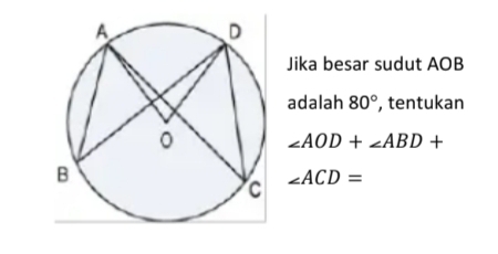 Jika besar sudut AOB
adalah 80° , tentukan
∠ AOD+∠ ABD+
∠ ACD=