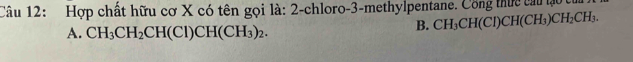 Hợp chất hữu cơ X có tên gọi là: 2 -chloro -3 -methylpentane. Công thực câu làu
A. CH_3CH_2CH(Cl)CH(CH_3)_2.
B. CH_3CH(CI)CH(CH_3)CH_2CH_3.