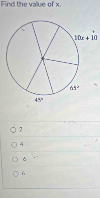 Find the value of x.
2
4
-6
6