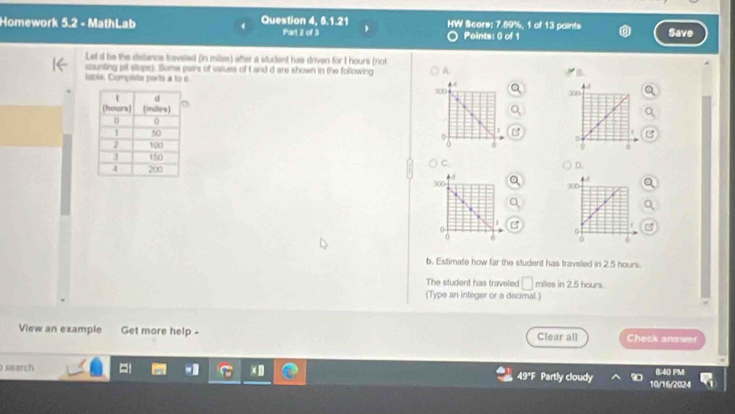 Homework 5.2 - MathLab Question 4, 6.1.21 HW Score: 7.69%, 1 of 13 paints Save
Part 2 of 3 Points: 0 of 1
Let d be the distance traveled (in miles) after a student has driven for I hours (not
counting pit staps). Some pairs of values of t and d are shown in the following 4
latái, Complsta parts a to e 
a

C.
D.

b. Estimate how far the student has traveled in 2.5 hours.
The student has traveled □ miles in 2.5 hours.
(Type an integer or a decimal )
View an example Get more help - Clear all Check answer
8:40 PM
search 49ªF Partly cloudy 10/16/2024