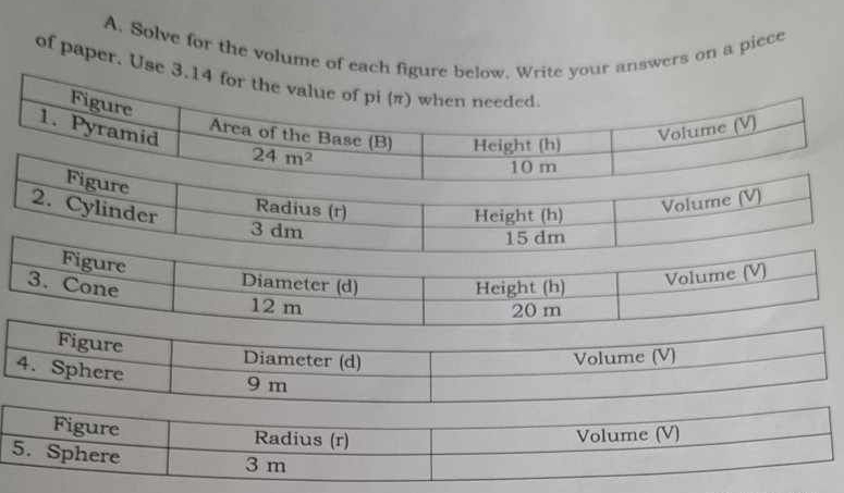 Solve for the volume of each figure below. Write your answers on a piece
of paper. Use 3.1