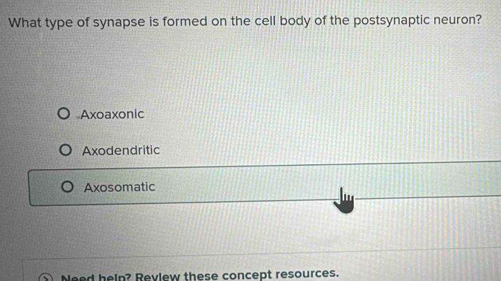 What type of synapse is formed on the cell body of the postsynaptic neuron?
Axoaxonic
Axodendritic
Axosomatic
Need help? Revlew these concept resources.