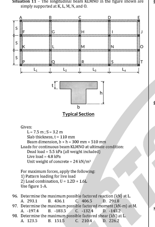 Situation 11 - The longitudinal beam KLMNO in the figure shown are
simply supported at K, L, M, N, and O.
  
Typical Section
Given:
L=7.5m;S=3.2m
Slab thickness, t=110mm
Beam dimension. b* h=300mm* 510mm
Loads for continuous beam KLMNO at ultimate condition:
Dead load =5.5kPa a (all weight included)
Live load =4.8kPa
Unit weight of concrete =24kN/m^3
For maximum forces, apply the following:
1) Pattern loading for live load
2) Load combination, U=1.2D+1.6L
Use figure 1-A.
96. Determine the maximum possible factored reaction (kN) at L.
A. 293.1 B. 436.1 C. 406.5 D. 291.8
97. Determine the maximum possible factored moment (kN-m) at M.
.
A. -197.4 B. -183.5 C. -132.4 D. -145.2
98. Determine the maximum possible factored shear (kN) at L.
A. 123.5 B. 151.5 C. 210.4 D. 226.2