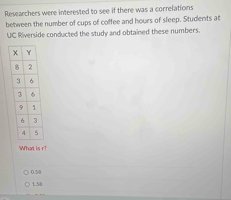 Researchers were interested to see if there was a correlations
between the number of cups of coffee and hours of sleep. Students at
UC Riverside conducted the study and obtained these numbers.
What is r?
0.58
1.58