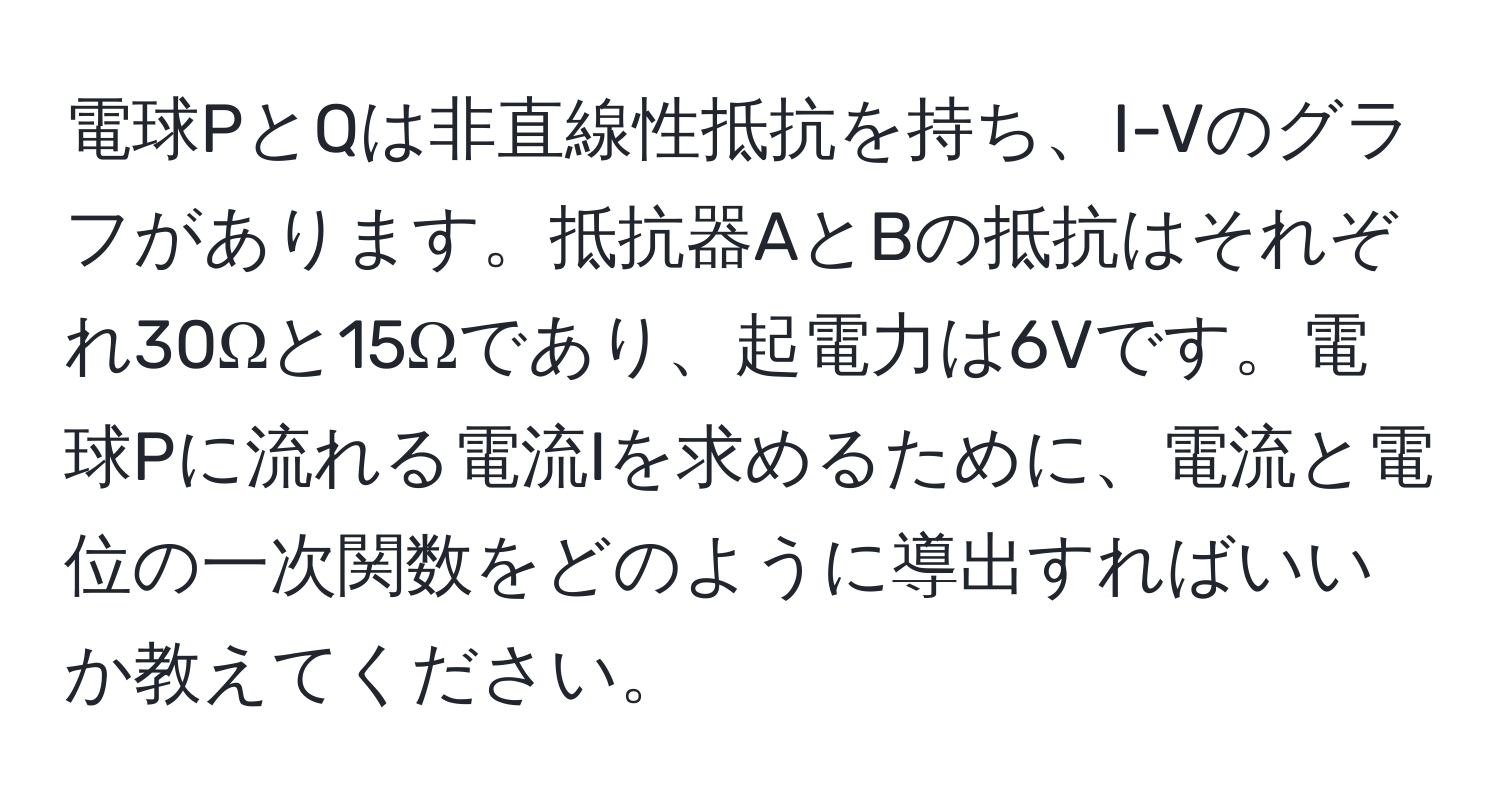 電球PとQは非直線性抵抗を持ち、I-Vのグラフがあります。抵抗器AとBの抵抗はそれぞれ30Ωと15Ωであり、起電力は6Vです。電球Pに流れる電流Iを求めるために、電流と電位の一次関数をどのように導出すればいいか教えてください。