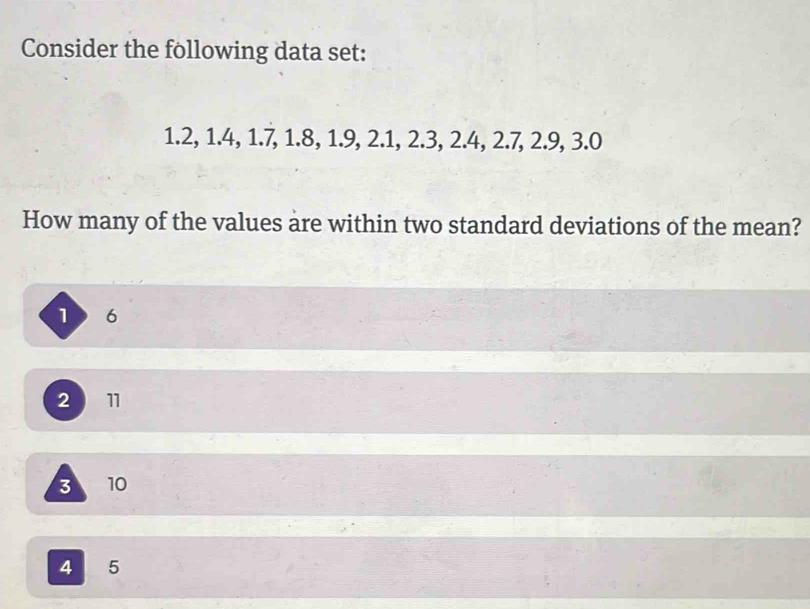 Consider the following data set:
1.2, 1.4, 1.7, 1.8, 1.9, 2.1, 2.3, 2.4, 2.7, 2.9, 3.0
How many of the values are within two standard deviations of the mean?
1 6
2 11
3 10
4 5