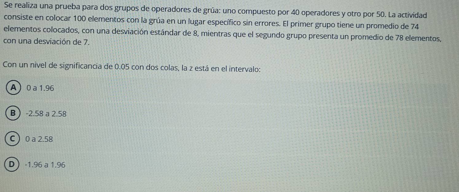 Se realiza una prueba para dos grupos de operadores de grúa: uno compuesto por 40 operadores y otro por 50. La actividad
consiste en colocar 100 elementos con la grúa en un lugar específico sin errores. El primer grupo tiene un promedio de 74
elementos colocados, con una desviación estándar de 8, mientras que el segundo grupo presenta un promedio de 78 elementos,
con una desviación de 7.
Con un nivel de significancia de 0.05 con dos colas, la z está en el intervalo:
A 0 a 1.96
B -2.58 a 2.58
C 0 a 2.58
D -1.96 a 1.96