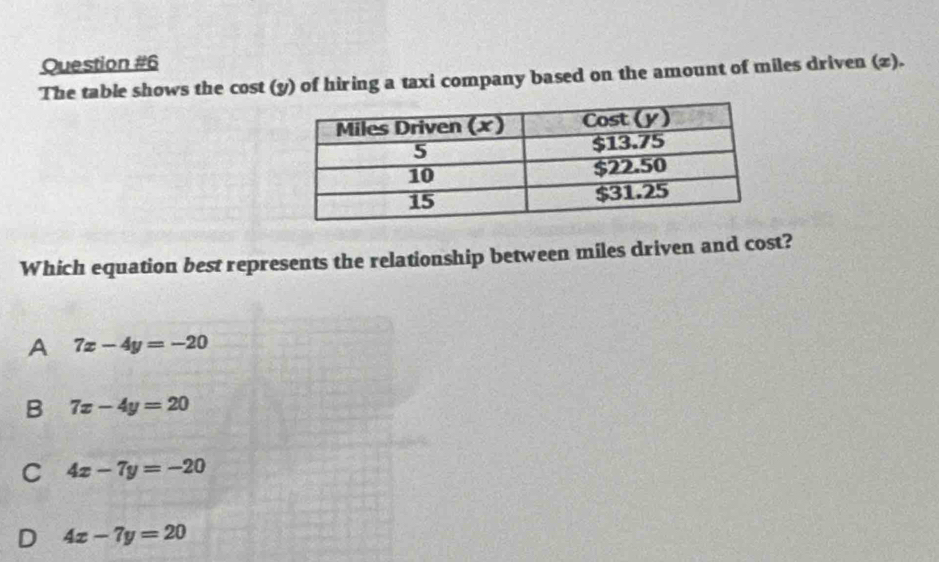 The table shows the cost (y) of hiring a taxi company based on the amount of miles driven (z).
Which equation best represents the relationship between miles driven and cost?
A 7x-4y=-20
B 7x-4y=20
C 4x-7y=-20
D 4x-7y=20