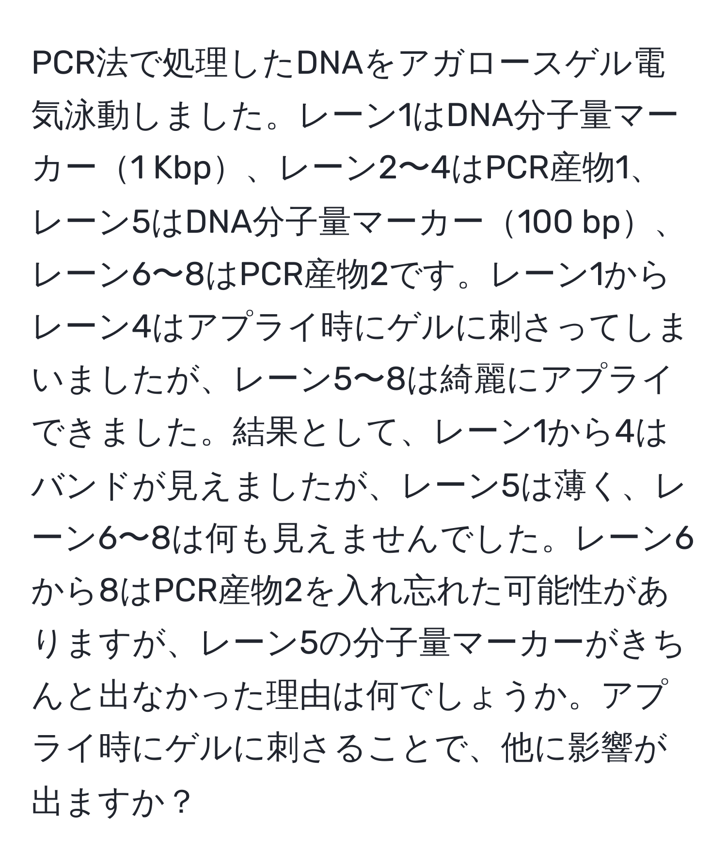 PCR法で処理したDNAをアガロースゲル電気泳動しました。レーン1はDNA分子量マーカー1 Kbp、レーン2〜4はPCR産物1、レーン5はDNA分子量マーカー100 bp、レーン6〜8はPCR産物2です。レーン1からレーン4はアプライ時にゲルに刺さってしまいましたが、レーン5〜8は綺麗にアプライできました。結果として、レーン1から4はバンドが見えましたが、レーン5は薄く、レーン6〜8は何も見えませんでした。レーン6から8はPCR産物2を入れ忘れた可能性がありますが、レーン5の分子量マーカーがきちんと出なかった理由は何でしょうか。アプライ時にゲルに刺さることで、他に影響が出ますか？