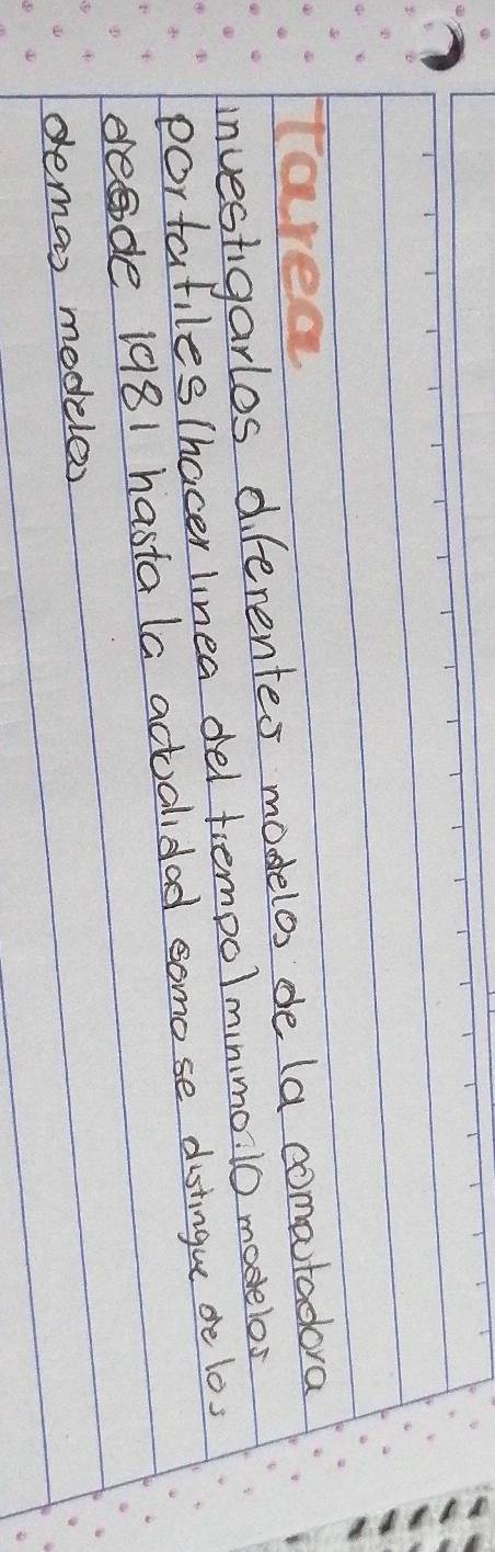 Tarea 
investigarlos diferentes modelos de (a comautadora 
portafiles (hacer linea del tempolminimo. 10 modelos 
deode 1981 hasta (a actualidad somose distingue de los 
demas modelas