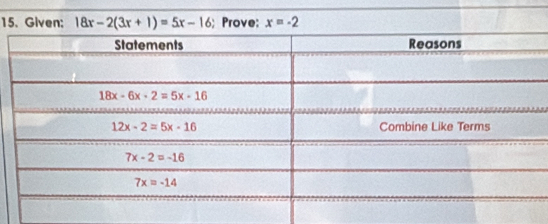 Given; 18x-2(3x+1)=5x-16; Prove: x=-2