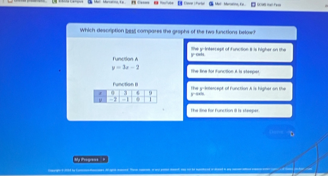 Chnits Campus Mail - Marcerno, Ka Classes Youtube Clever | Porla) Mall - Marcelino, Ka.. SCMS Hall Pass
Which description best compares the graphs of the two functions below?
The y-intercept of Function B is higher on the
y=c
Function A xie.
y=3x-2
The line for Function A is steeper.
Function B
The y-intercept of Function A is higher on the
y=axis.
The line for Function B is steeper.
Do
My Progress >
Eupgrghs & 2924 by Comton Amocsavs. A righie mansed. Toree misens, or aay posson manl, may not he menaioed or slused in any mane aios exacs cres con