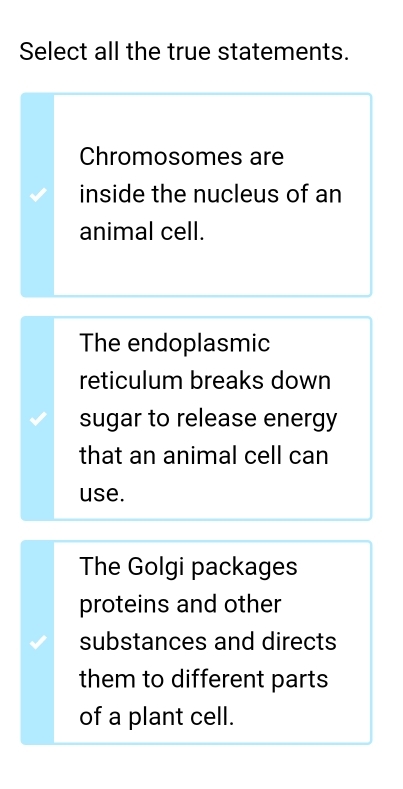 Select all the true statements.
Chromosomes are
inside the nucleus of an
animal cell.
The endoplasmic
reticulum breaks down
sugar to release energy
that an animal cell can
use.
The Golgi packages
proteins and other
substances and directs
them to different parts
of a plant cell.