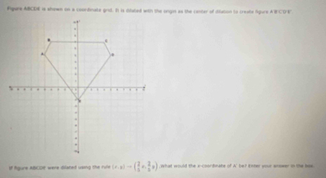 Figure ABCDE is shown on a coordinate grid. It is dilated with the origin as the center of dilation to create figure A'B'C'D'E'
If figure ABCDE were dilated using the rule (x,y)to ( 2/5 x, 2/5 y) ,What would the x-coordinate of A' be? Enter your sinower in the box