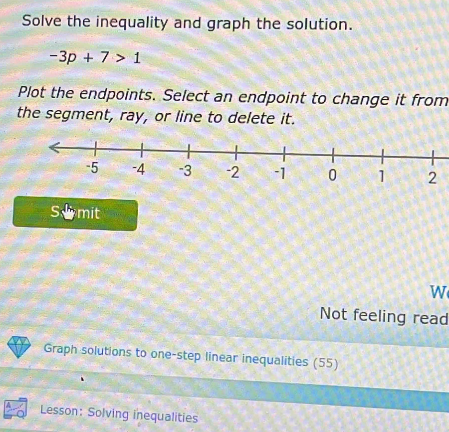 Solve the inequality and graph the solution.
-3p+7>1
Plot the endpoints. Select an endpoint to change it from 
the segment, ray, or line to delete it. 
Scrmit 
W 
Not feeling read 
Graph solutions to one-step linear inequalities (55) 
Lesson: Solving inequalities