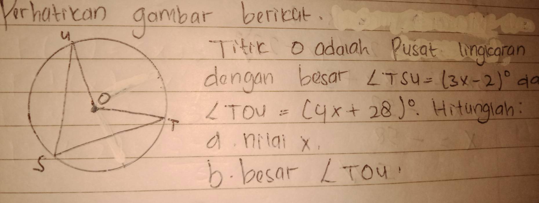 Por hatican gambar berikat. 
Titir o adaiah Pusat linglogran 
dangan besar ∠ TSU=(3x-2)^circ  do
∠ TOU=(4x+28)^circ . Hitunglah : 
a. nilai x. 
b. besar LTou