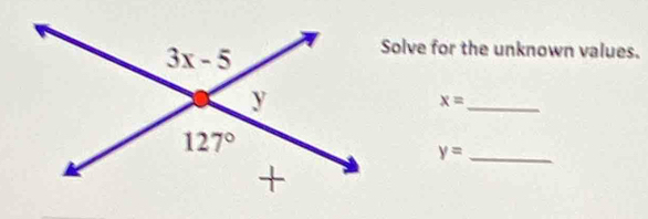 Solve for the unknown values.
_ x=
y= _