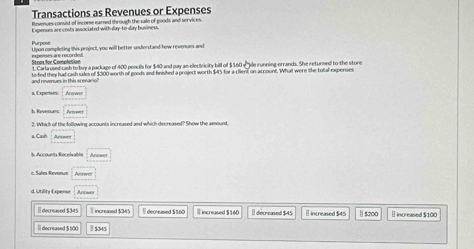 Transactions as Revenues or Expenses
Revenues consist of income earned through the sale of goods and services.
Expenses are costs associated with day -to-day business.
Purpose
Upon completing this project, you will better understand how revenues and
expenses are recorded.
Steps for Completion
1. Carla used cash to buy a package of 400 pencils for $40 and pay an electricity bill of $160 (')ile running errands. She returned to the store
to find they had cash sales of $300 worth of goods and finished a project worth $45 for a client on account. What were the total expenses
and revenues in this scenario?
a. Expenses: Answer
b. Revenues: Answer
2. Which of the following accounts increased and which decreased? Show the amount.
a. Cash Answer
b. Accounts Receivable Answer
c. Sales Revenue Answer
d. Utility Expense Answer
decreased $345 # increased $345 decreased $160 increased $160 §] decreased $45 § increased $45 $200 # increased $100
§ decreased $100 l $345