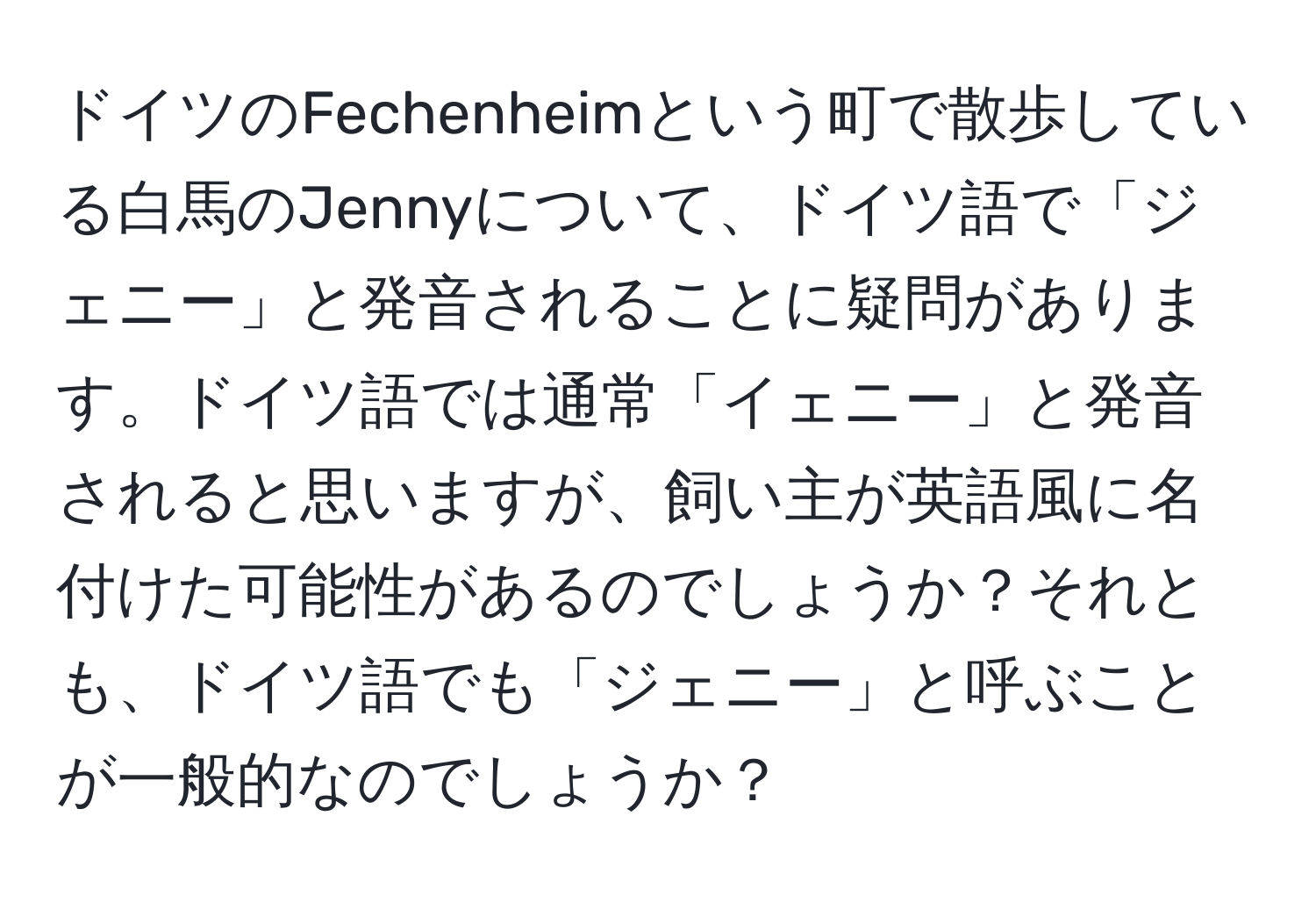 ドイツのFechenheimという町で散歩している白馬のJennyについて、ドイツ語で「ジェニー」と発音されることに疑問があります。ドイツ語では通常「イェニー」と発音されると思いますが、飼い主が英語風に名付けた可能性があるのでしょうか？それとも、ドイツ語でも「ジェニー」と呼ぶことが一般的なのでしょうか？