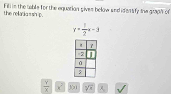 Fill in the table for the equation given below and identify the graph of 
the relationship.
y= 1/2 x-3
 Y/X  x^2 f(x) sqrt[n](x) X_n