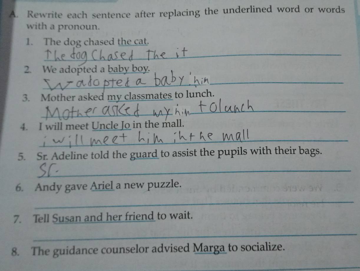 Rewrite each sentence after replacing the underlined word or words 
with a pronoun. 
1. The dog chased the cat. 
_ 
2. We adopted a baby boy. 
_ 
_ 
3. Mother asked my classmates to lunch. 
_ 
4. I will meet Uncle Jo in the mall. 
_ 
5. Sr. Adeline told the guard to assist the pupils with their bags. 
_ 
6. Andy gave Ariel a new puzzle. 
_ 
7. Tell Susan and her friend to wait. 
_ 
8. The guidance counselor advised Marga to socialize. 
_