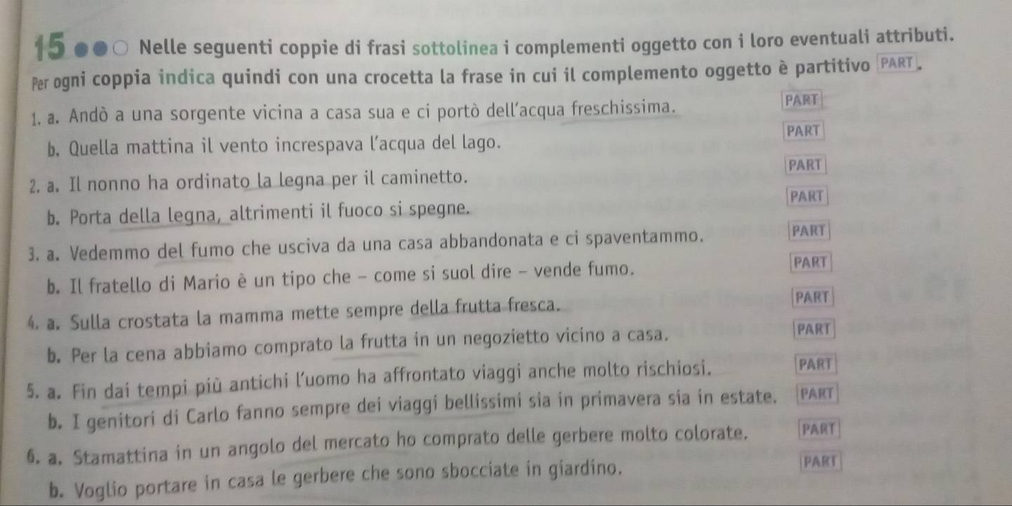 Nelle seguenti coppie di frasi sottolinea i complementi oggetto con i loro eventuali attributi. 
Per ogni coppia indica quindi con una crocetta la frase in cui il complemento oggetto è partitivo (PART. 
1. a. Andò a una sorgente vicina a casa sua e ci portò dell’acqua freschissima. PART 
PART 
b. Quella mattina il vento increspava l’acqua del lago. 
PART 
2. a. Il nonno ha ordinato la legna per il caminetto. 
b. Porta della legna, altrimenti il fuoco si spegne. PART 
3. a. Vedemmo del fumo che usciva da una casa abbandonata e ci spaventammo. 
PART 
b. Il fratello di Mario è un tipo che - come si suol dire - vende fumo. 
PART 
4. a. Sulla crostata la mamma mette sempre della frutta fresca. 
PART 
b. Per la cena abbiamo comprato la frutta in un negozietto vicino a casa. PART 
5. a. Fin dai tempi più antichi l’uomo ha affrontato viaggi anche molto rischiosi. PART 
b. I genitori di Carlo fanno sempre dei viaggi bellissimi sia in primavera sia in estate. FART 
6. a. Stamattina in un angolo del mercato ho comprato delle gerbere molto colorate. [PART 
b. Voglio portare in casa le gerbere che sono sbocciate in giardino. 
PART