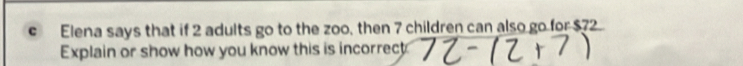 € Elena says that if 2 adults go to the zoo, then 7 children can also go for $72
Explain or show how you know this is incorrect