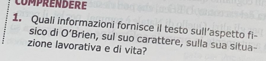 COMPRENDERE 
1. Quali informazioni fornisce il testo sull’aspetto fi- 
sico di O’Brien, sul suo carattere, sulla sua situa- 
zione lavorativa e di vita?