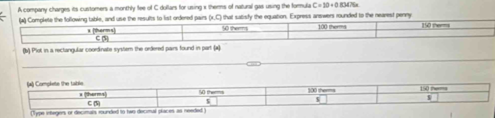 A company charges its customers a monthly fee of C dollars for using x therms of natural gas using the formula C=10+0.83476x. 
results to list ordered pairs (x,C) that satisfy the equation. Express answers rounded to the nearest penny 
(b) Plot in a rectangular coordinate system the ordered pairs found in part (a)