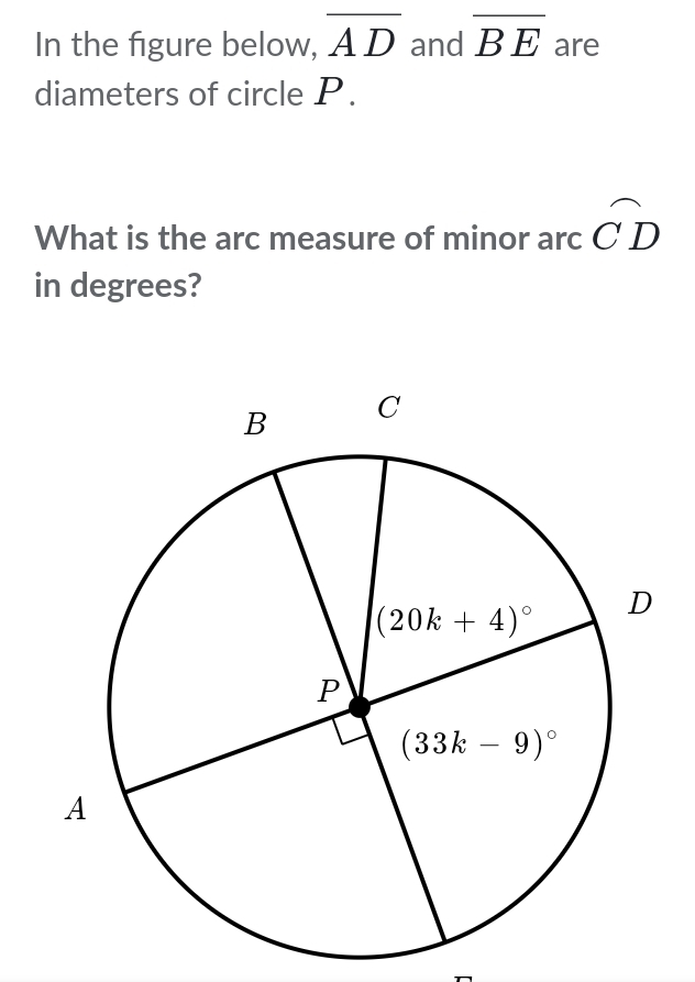 In the figure below, overline AD and overline BE are
diameters of circle P.
What is the arc measure of minor arc widehat CD
in degrees?