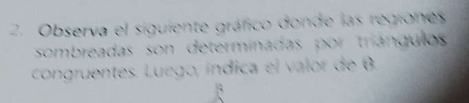 Observa el siguiente gráfico donde las regiones 
sombreadas son determinadas por triángulos 
congruentes. Luego, índica el valor de 0.