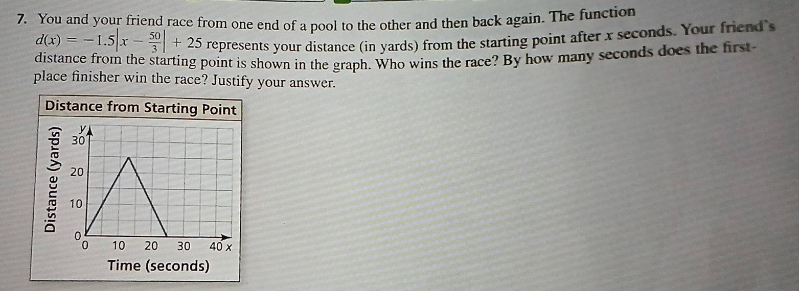 You and your friend race from one end of a pool to the other and then back again. The function
d(x)=-1.5|x- 50/3 |+25 represents your distance (in yards) from the starting point after x seconds. Your friend's 
distance from the starting point is shown in the graph. Who wins the race? By how many seconds does the first 
place finisher win the race? Justify your answer. 
Distance from Starting Point 

Time (seconds)